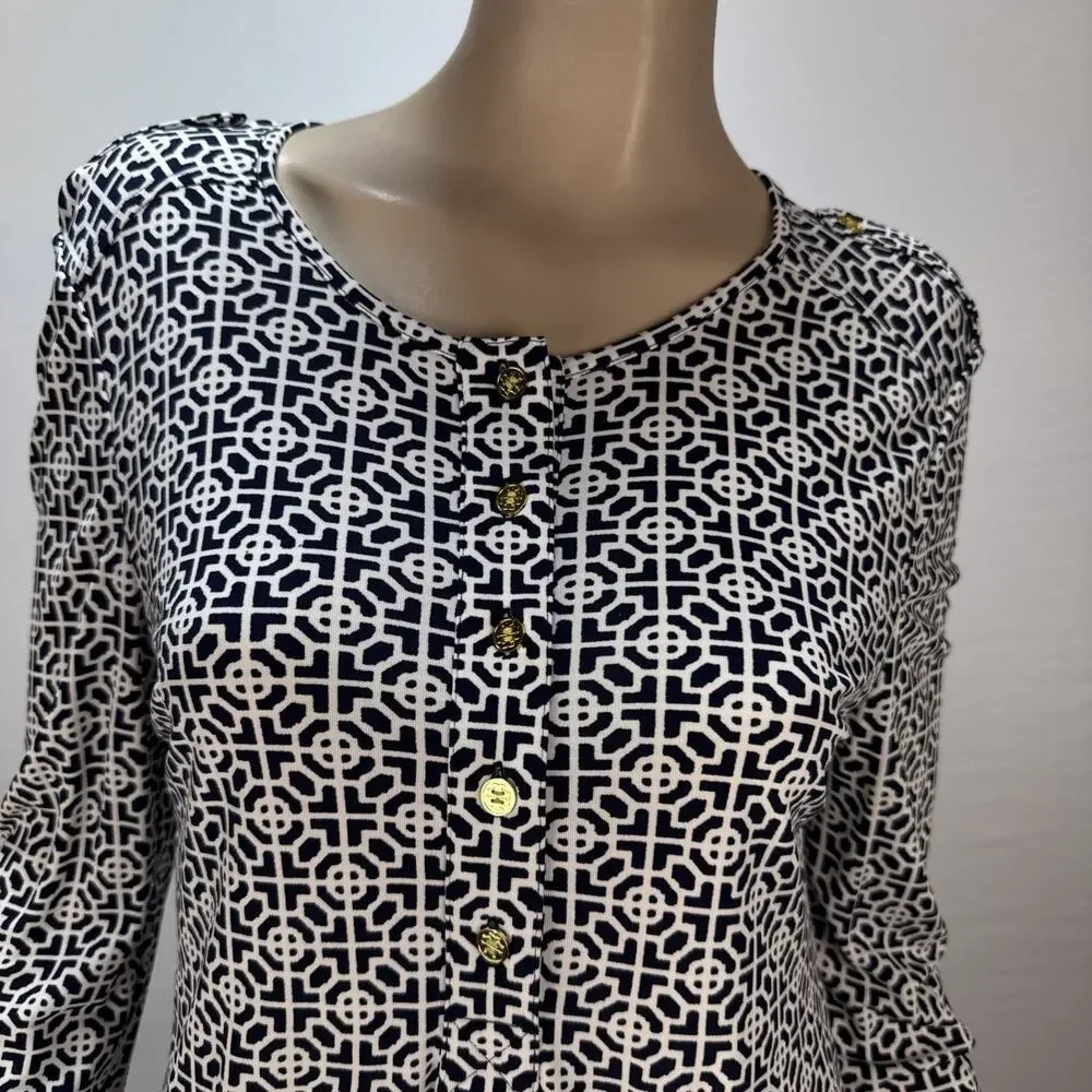 Tory Burch Geometric Print Jersey Henley Top‎ Shirt Size L Gold Logo Buttons